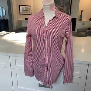 Desoto Eve Collared V Neck Striped Button Down Cotton Blouse Red Wht Sz 36 NWOT